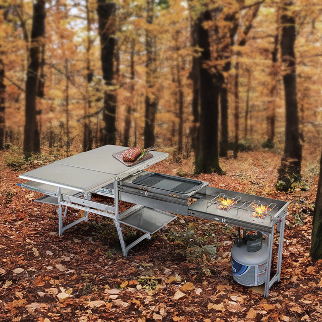 OVS - Komodo Camp Kitchen - Dual Grill, Skillet, Folding Shelves, And Rocket Tower - Stainless Steel